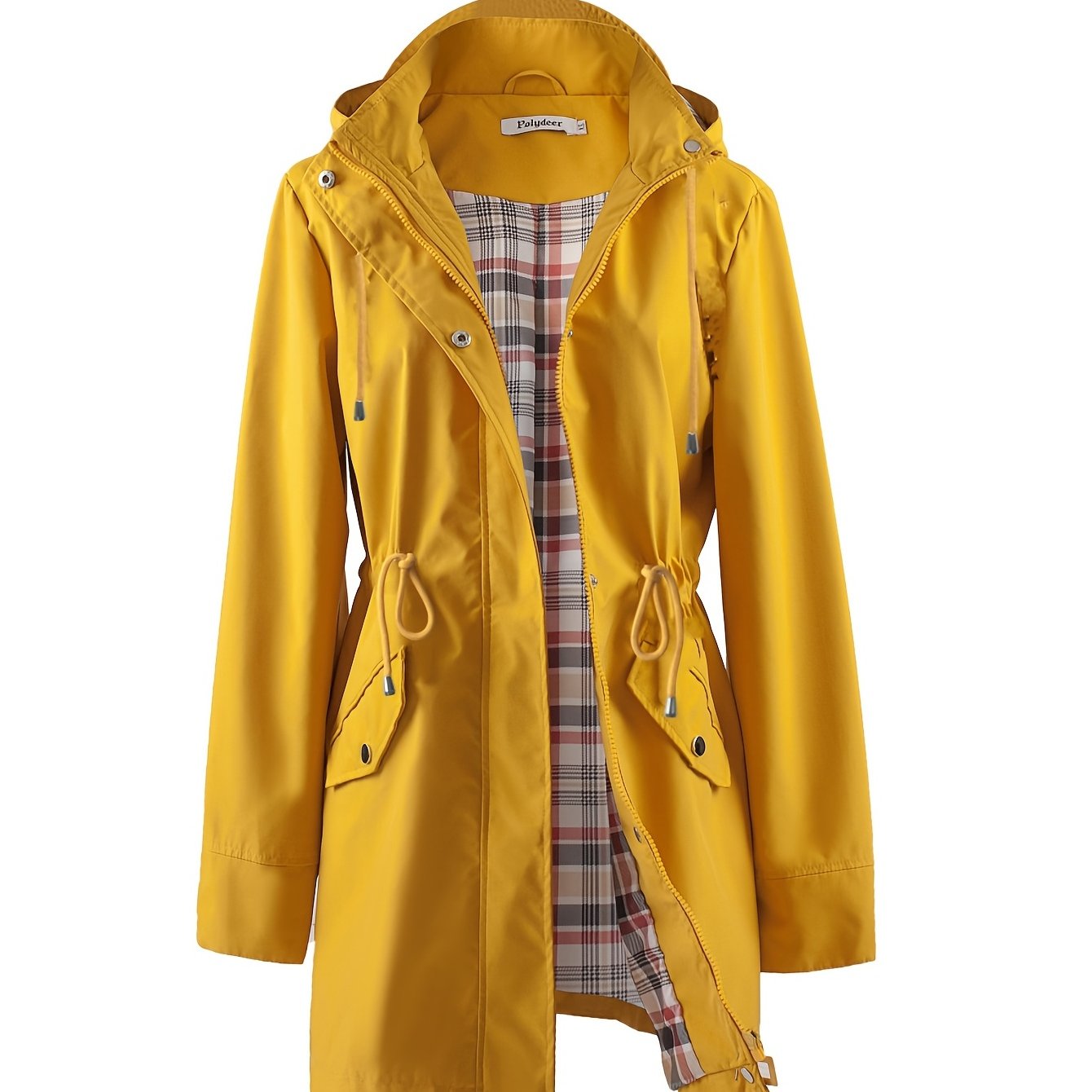 POLYDEER Women's Lightweight Waterproof Raincoat - Elegant Green Hooded Windbreaker with Plaid Lining, Adjustable Waist & 3 Pockets - Breathable, Zip-Up Casual Jacket for All Seasons