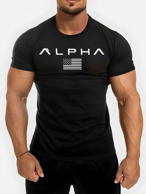 Men's Athletic Crew Neck T-Shirt – Quick-Dry, Alphabet Print, Skinny Fit, Short Sleeve