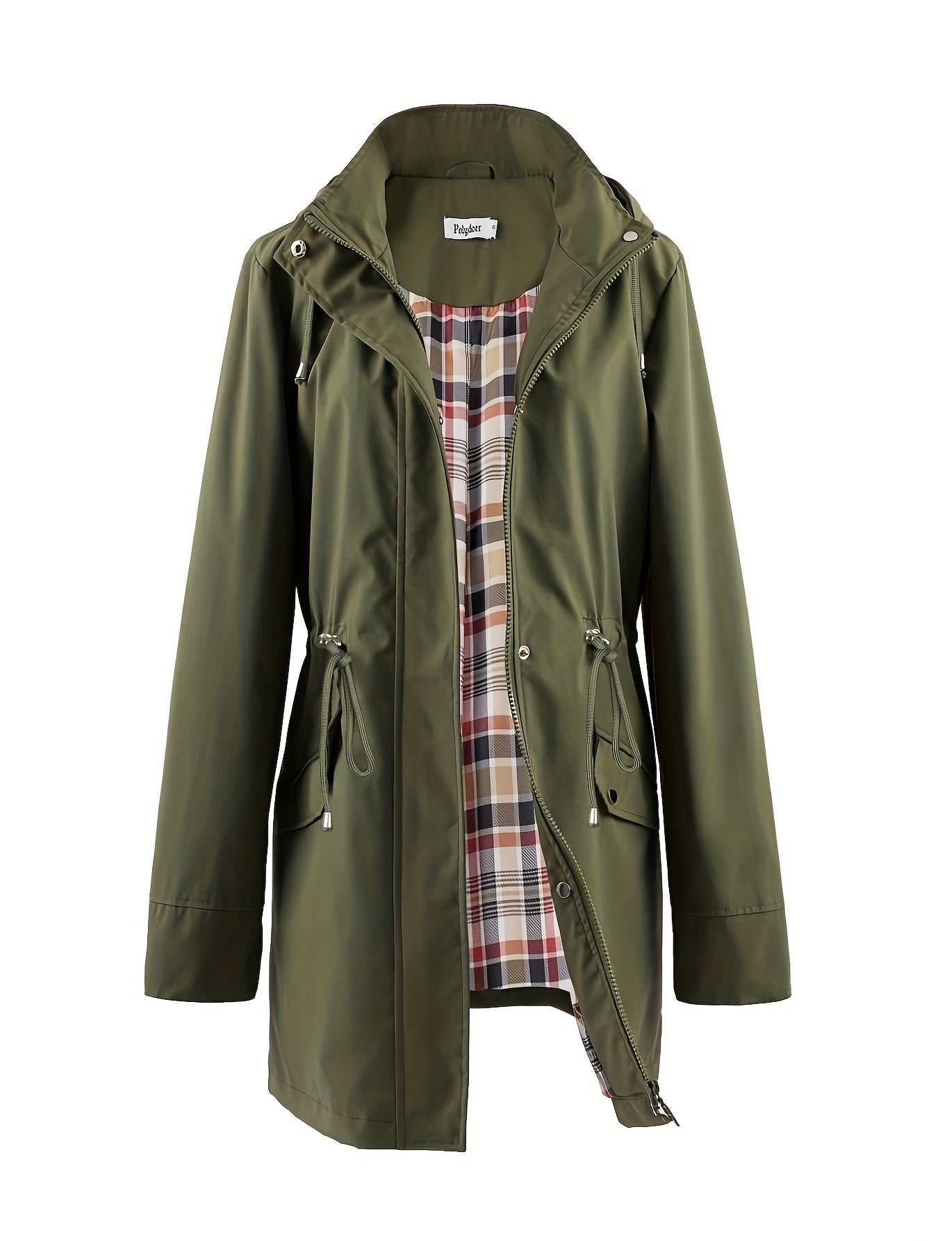 POLYDEER Women's Lightweight Waterproof Raincoat - Elegant Green Hooded Windbreaker with Plaid Lining, Adjustable Waist & 3 Pockets - Breathable, Zip-Up Casual Jacket for All Seasons
