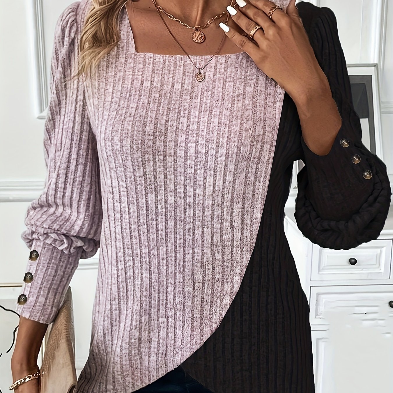 Asymmetrical Square Neck Knit Top, Long Sleeve, Spring/Fall.