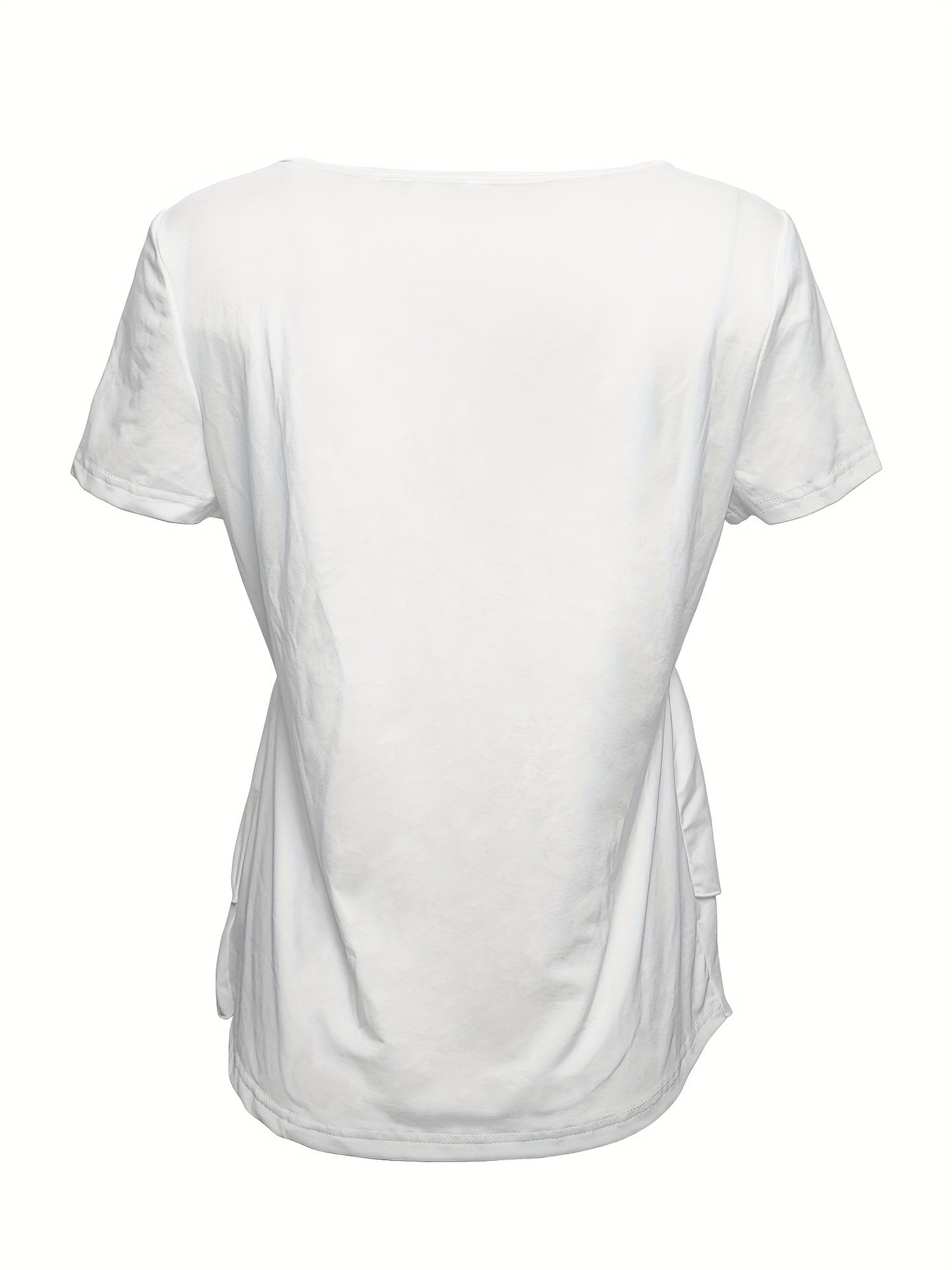 Camiseta de gola redonda de cor sólida, blusa flare com botões na frente e em camadas para primavera/verão.