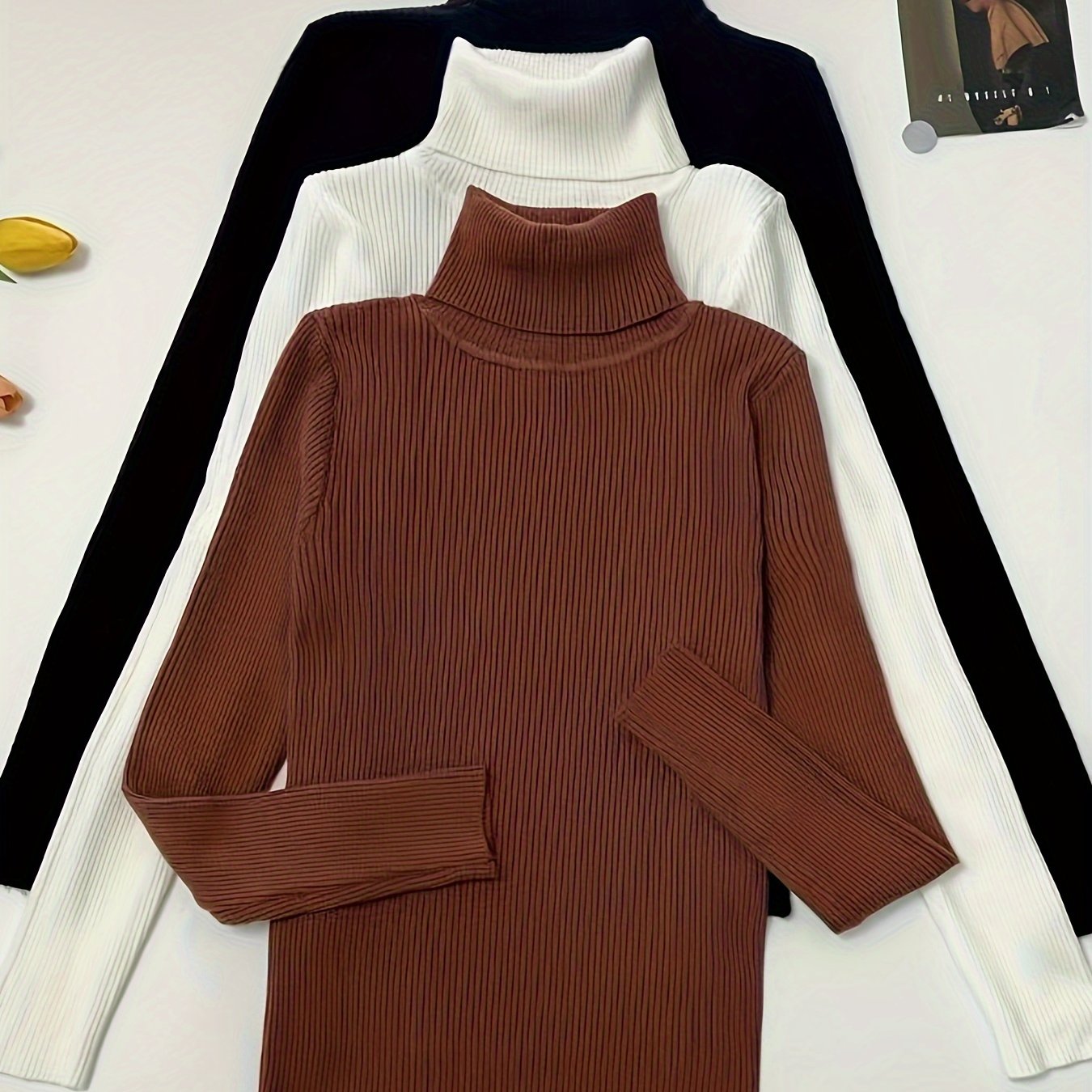 Turtleneck 3-Pack Sweaters - Casual Solid Color Long Sleeve for Fall & Winter