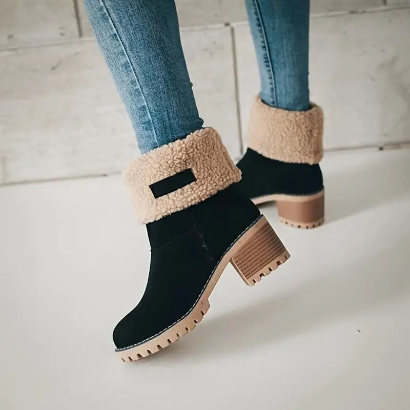 Women's Chunky Heel Boots - Solid Color, Slip-On, Plush Lined Winter Ankle Boots