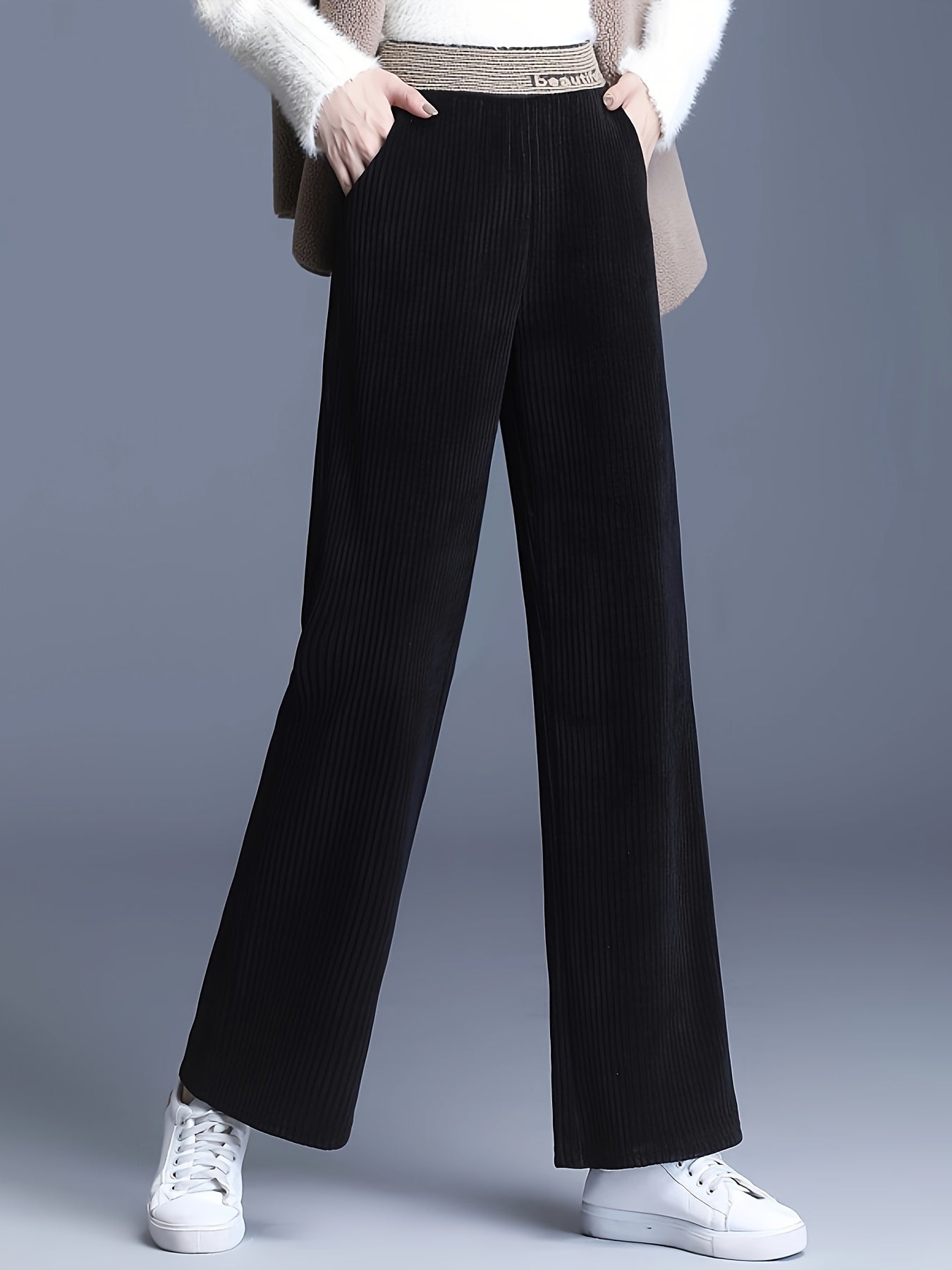 Fleecegefütterte Cordhose mit weitem Bein – Hohe Taille, lässiger gerader Schnitt, Übergröße