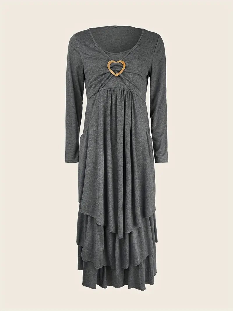Heart Ring Decor Ruffle Layered Dress – Casual Crew Neck, Long Sleeve