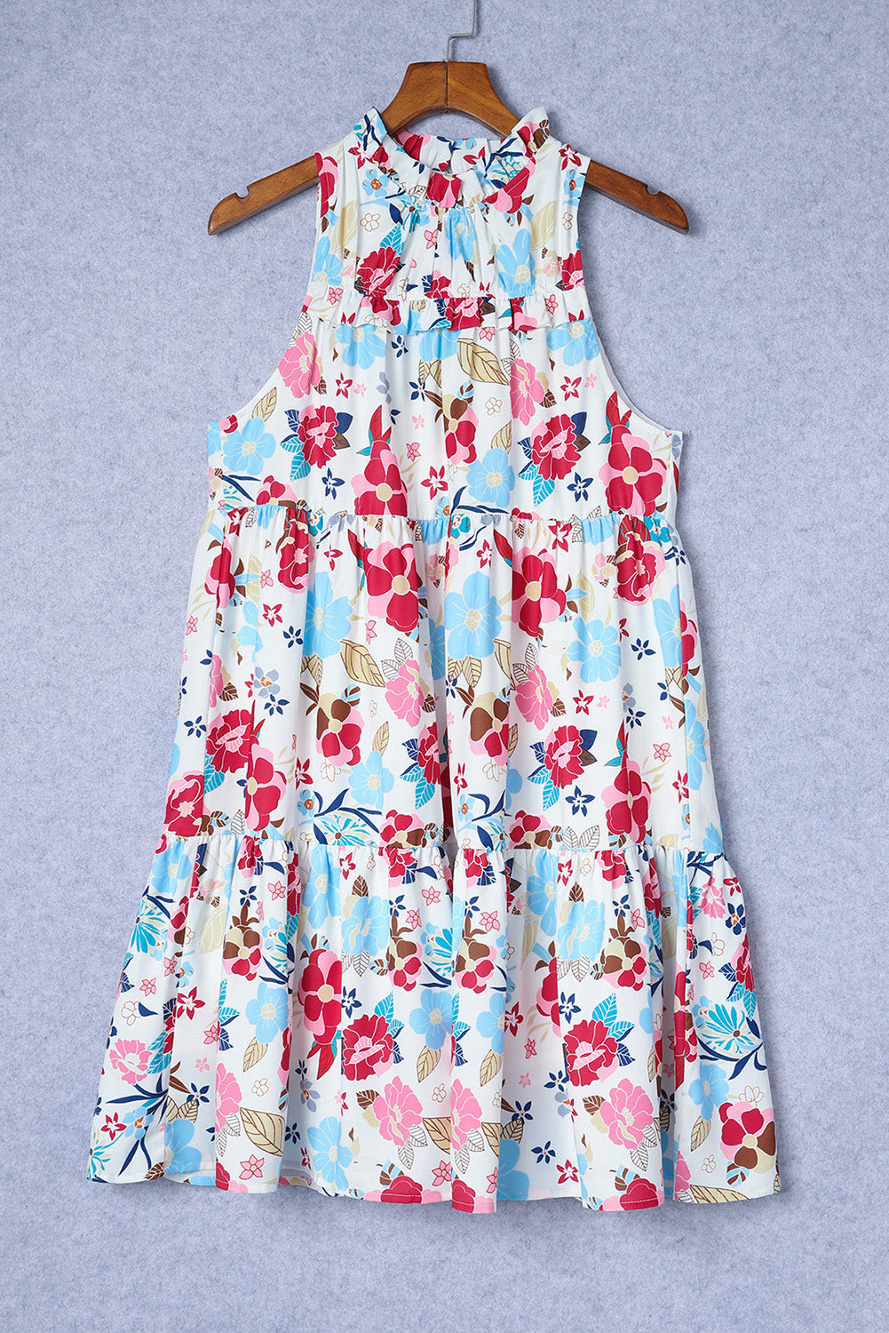 Vestidos florais sem mangas com babados e decote falso