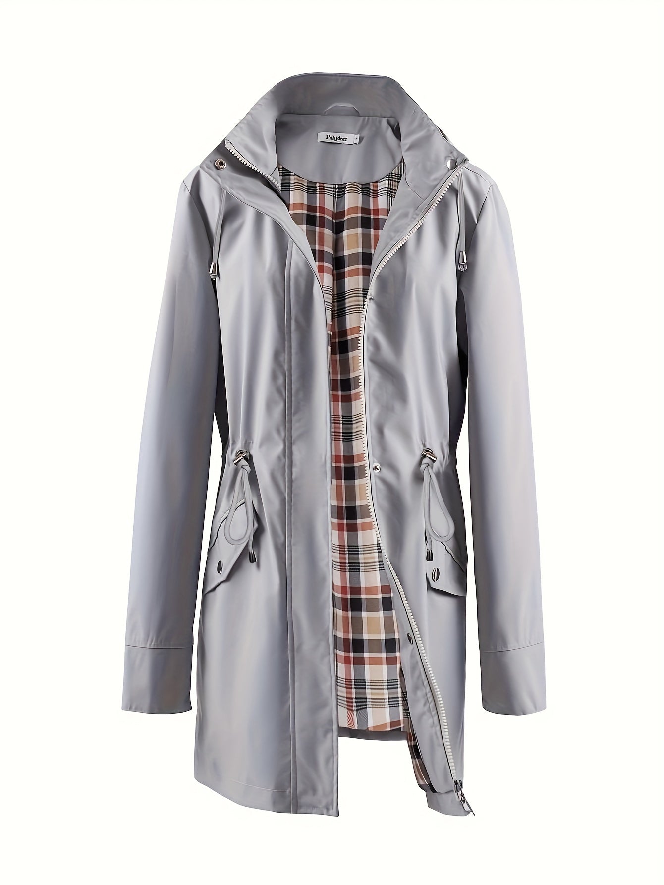POLYDEER Women's Lightweight Waterproof Raincoat - Elegant Green Hooded Windbreaker with Plaid Lining, Adjustable Waist & 3 Pockets - Breathable, Zip-Up Casual Jacket for All Seasons