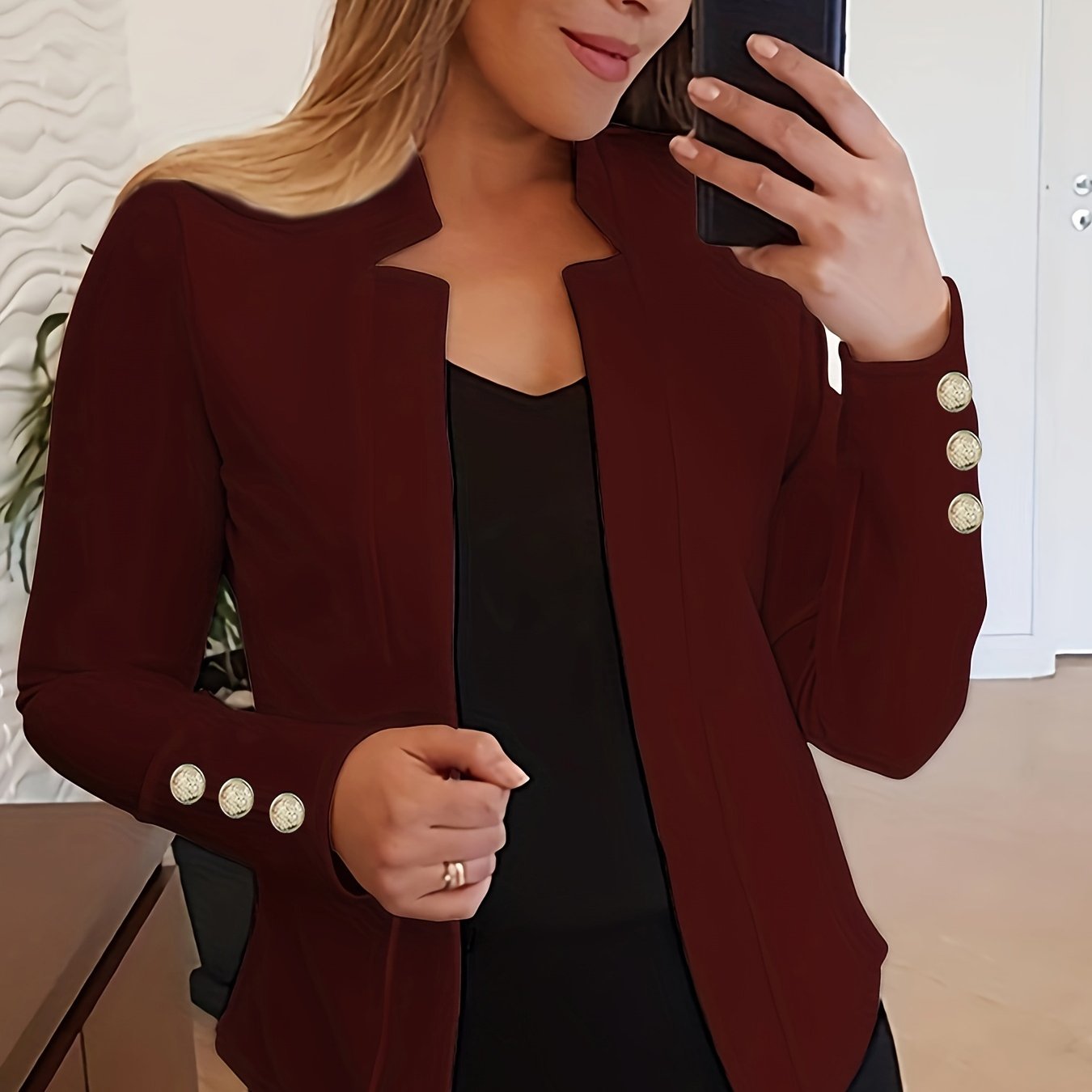 Solid Open Front Blazer, Casual Long Sleeve Button Blazer For Office & Work, Women's Clothing