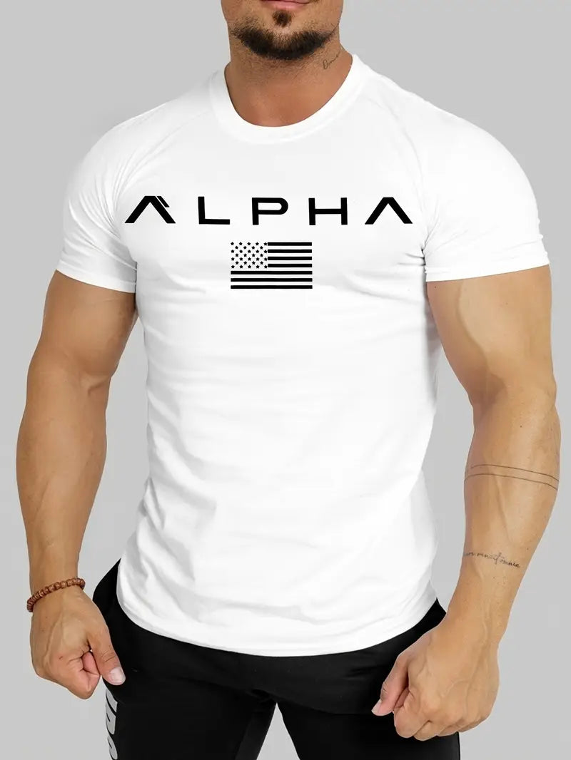 Men's Athletic Crew Neck T-Shirt – Quick-Dry, Alphabet Print, Skinny Fit, Short Sleeve