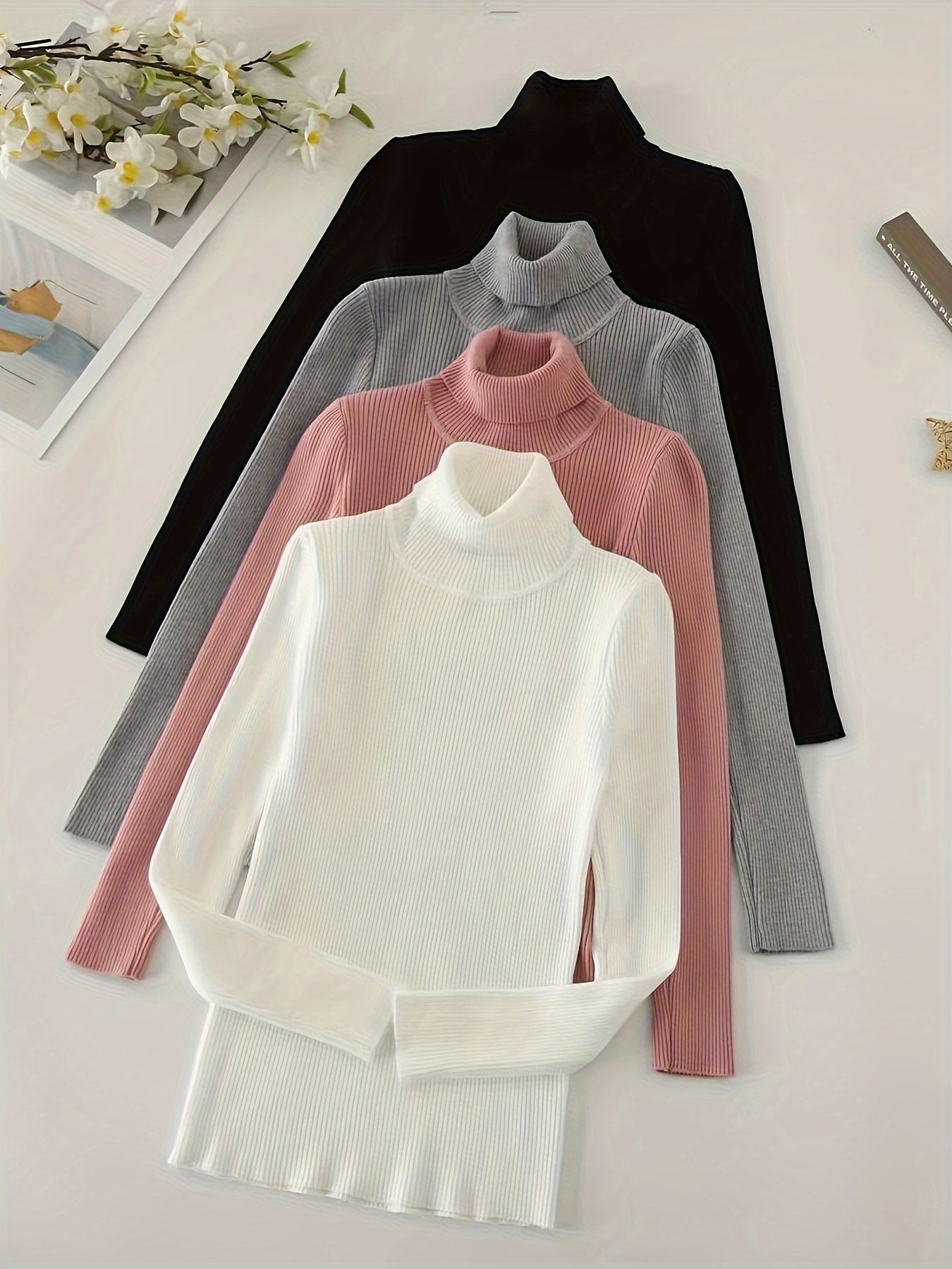 Solid Turtleneck Rib Knit Top 4-Pack - Casual Long Sleeve Slim Sweater