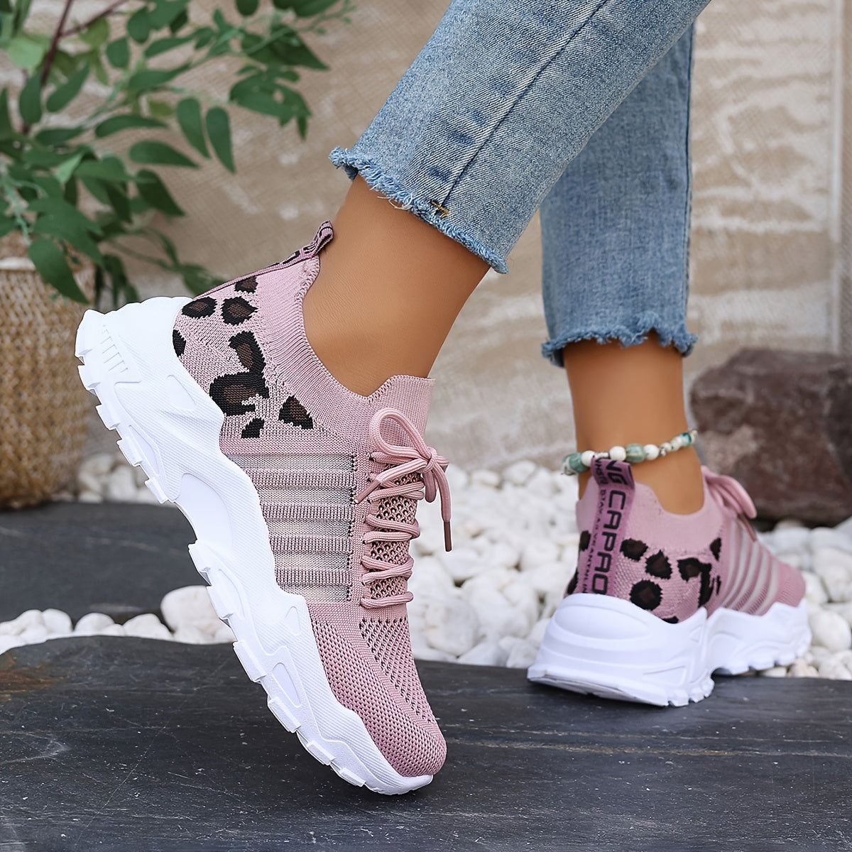 Women's Leopard Print Lace-up Running Shoes, Breathable Platform (Plus Size)