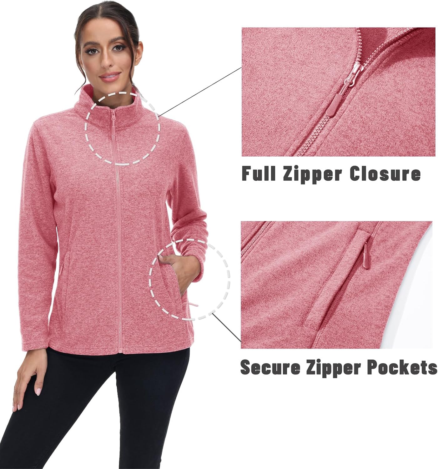 Women's Fleece Jacket Zip Up Coat Lightweight Soft Warm Long Sleeve Jackets with Pockets for Winter