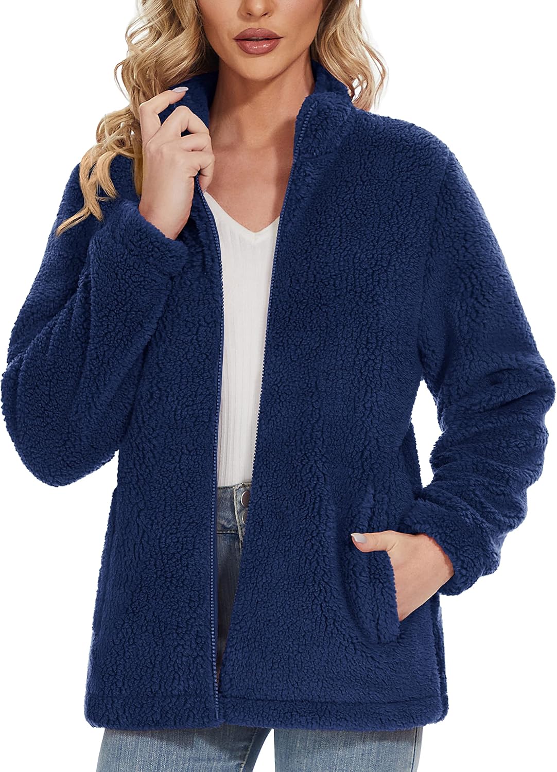 Women Sherpa Jacket Full Zip Fuzzy Teddy Coat with Pockets Fleece Lined Warm Winter Casual Outfits