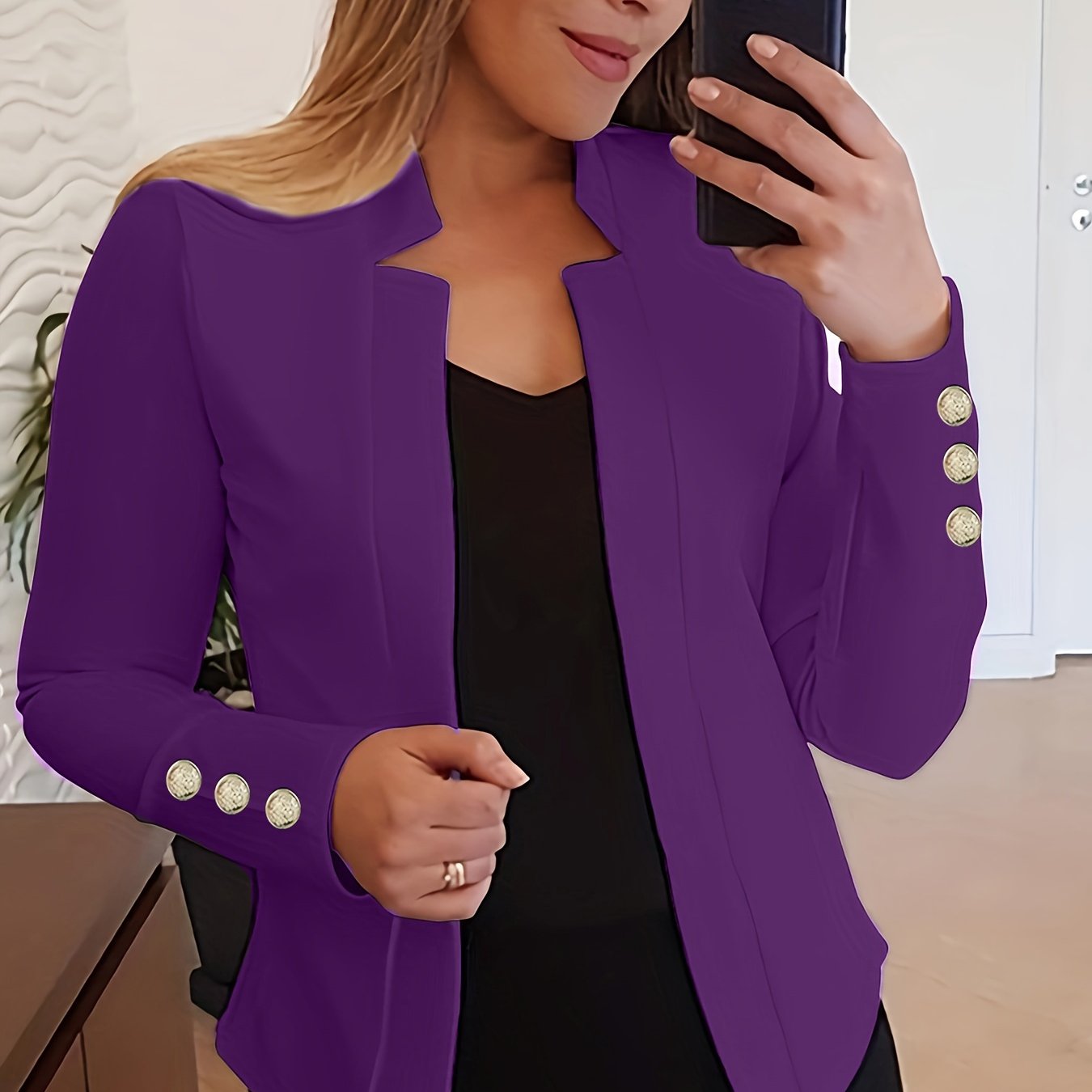 Solid Open Front Blazer, Casual Long Sleeve Button Blazer For Office & Work, Women's Clothing