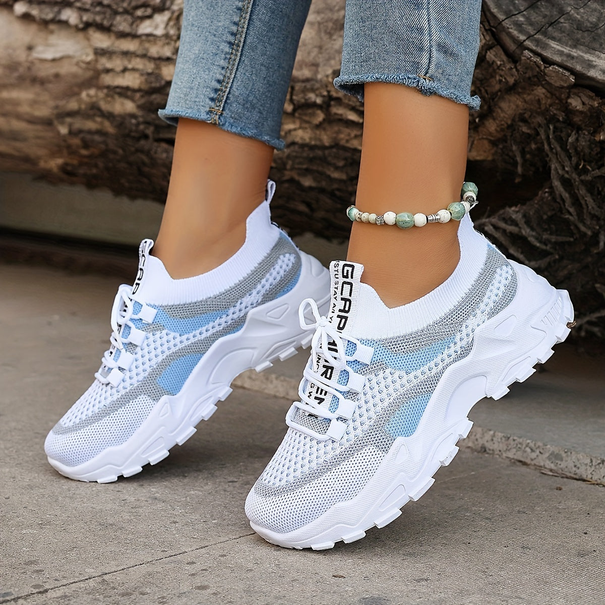 Women's Colorblock Knit Sneakers, Breathable Low Top Running Shoes (Plus Size)