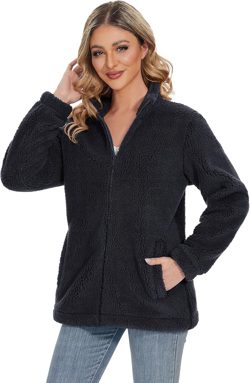 Women Sherpa Jacket Full Zip Fuzzy Teddy Coat with Pockets Fleece Lined Warm Winter Casual Outfits