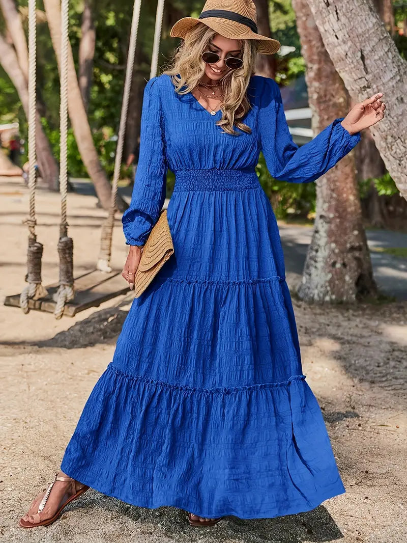 Solid V-Neck Textured Maxi Dress – Vacation Style, Smocked Long Sleeves