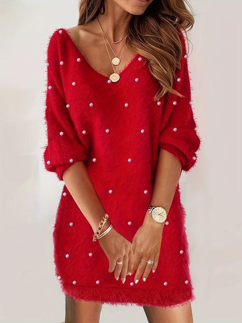 Vestido blusa feminino de poliéster com decote em V, elegante e semitransparente, para todas as estações.