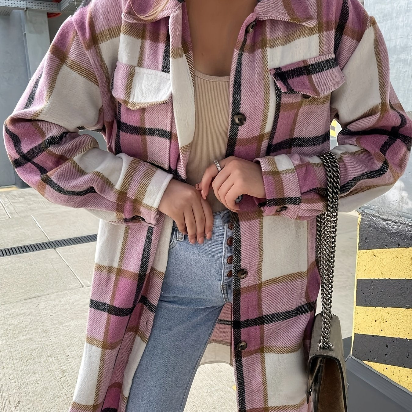 Plaid Print Long Jacket, Casual Button-Front with Flap Pockets.