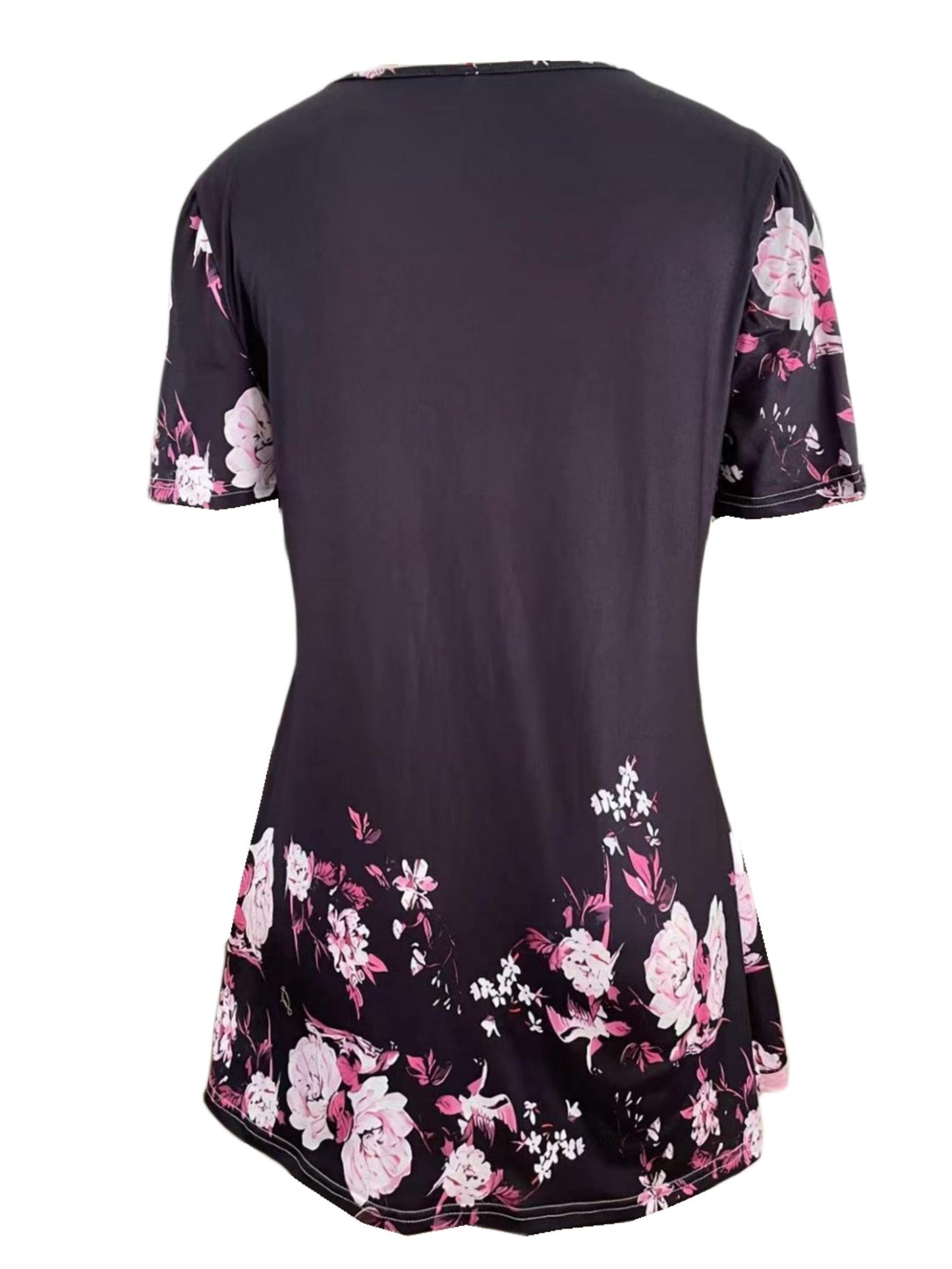 Charming Floral Print T-Shirt with Glamorous Faux Pearl Accents - Comfortable V Neck Short Sleeve Top - Ideal Casual Wear for Spring & Summer - Womens Fashion Essential