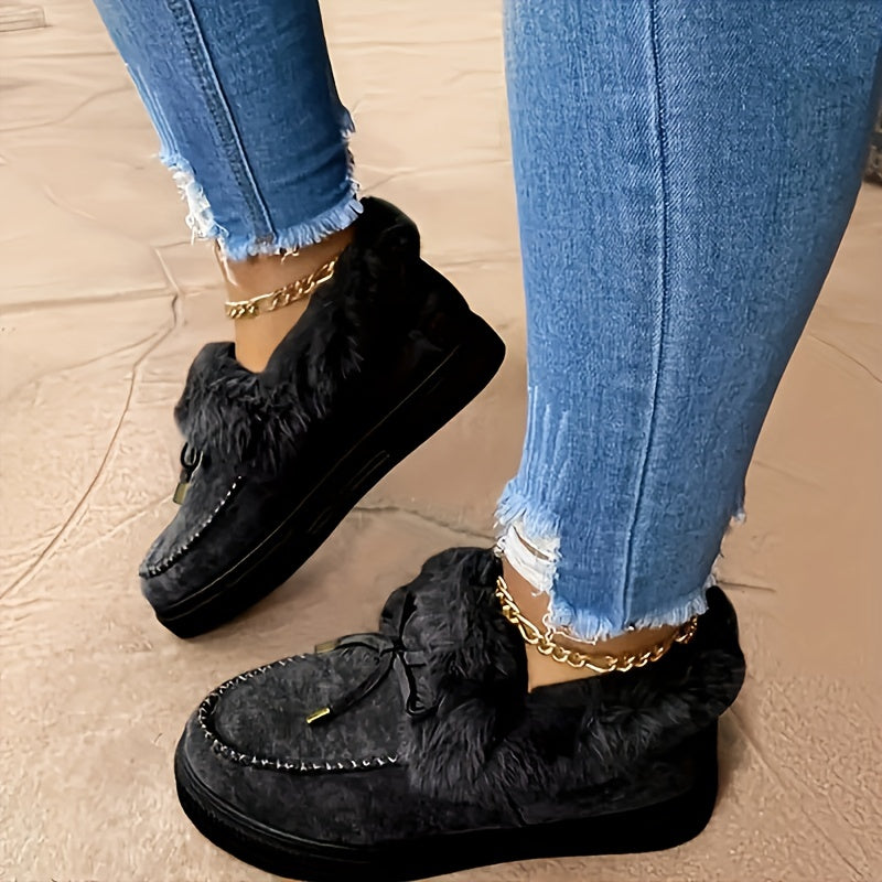 Botas femininas de inverno, cor sólida, bico redondo, salto plataforma baixo, sem cadarço, cabedal de tecido, interior de tecido, palmilha de tecido, sola de TPR, tamanho grande, quente, pelúcia, botas de neve, sapatilhas femininas para mulheres