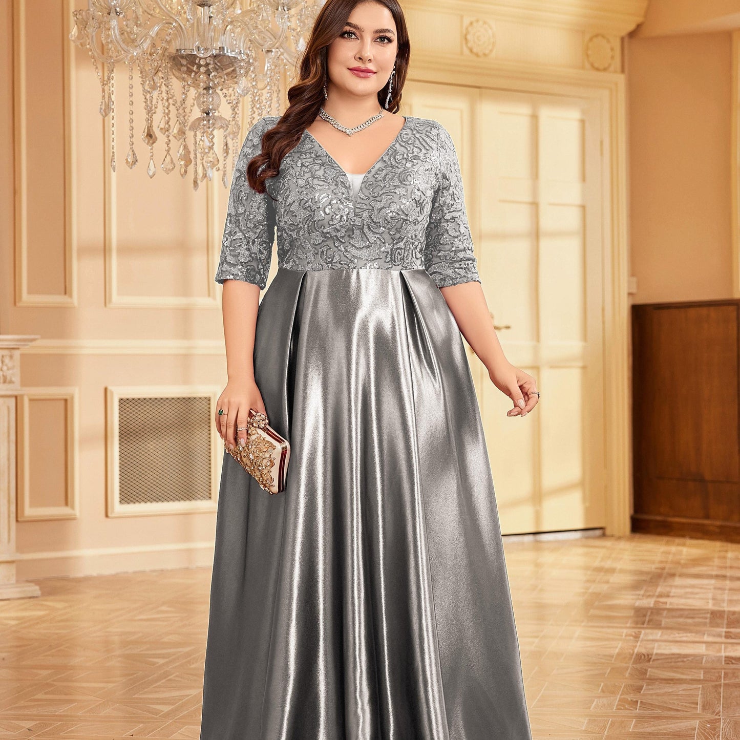 Elegant Navy Blue Sequin V-Neck Dress with Slim Fit Waist - Mid-Sleeve, A-Line Wedding & Banquet Gown, Polyester, Hand Washable