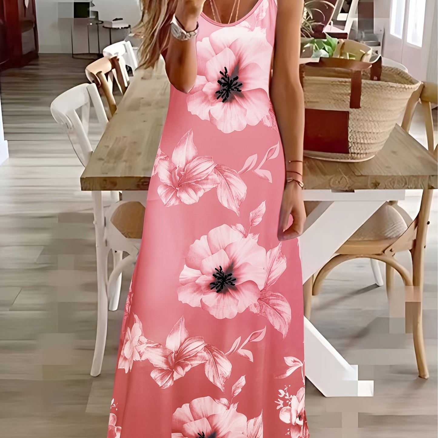 Vestido cami floral com alças finas, casual, comprimento até o tornozelo.