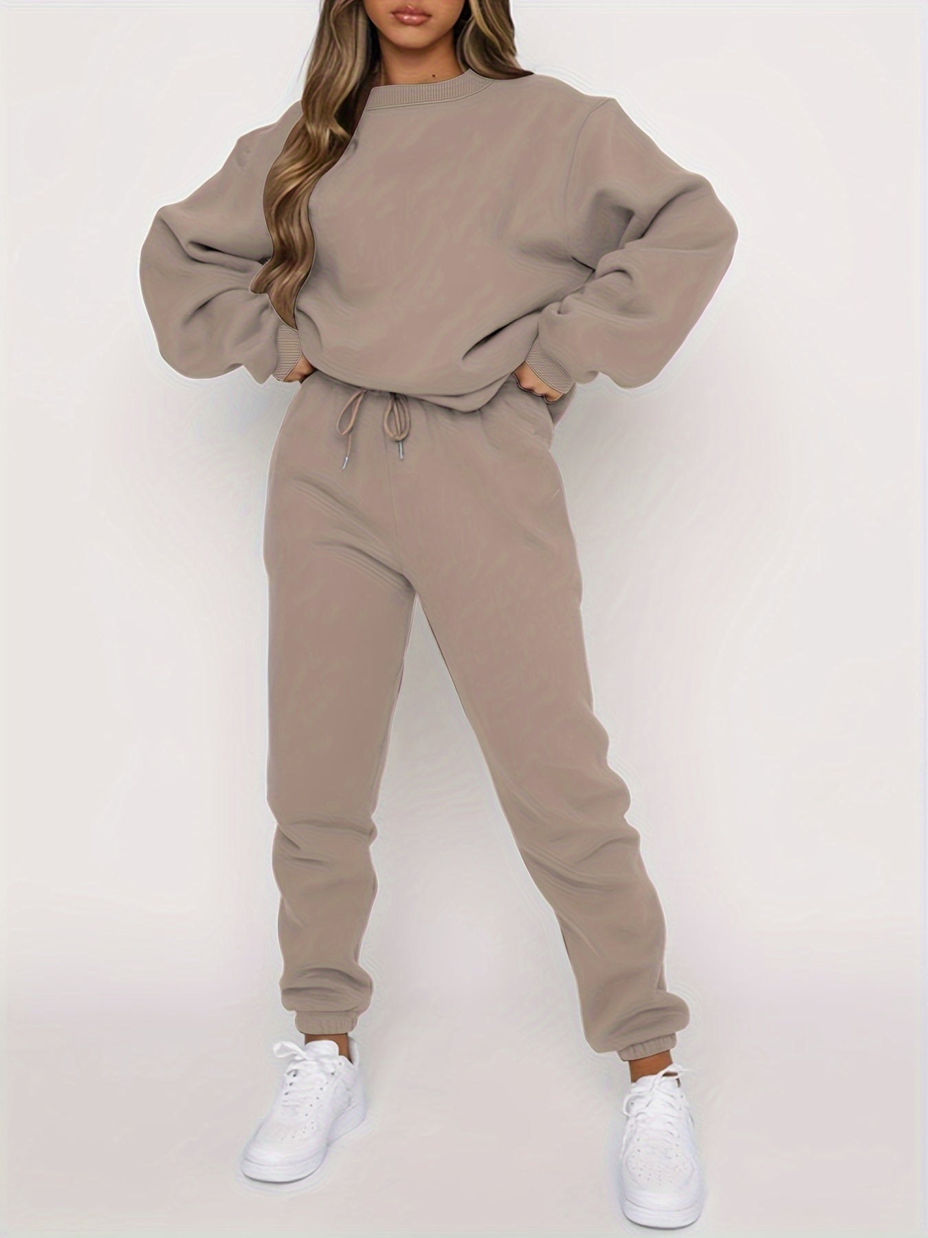 Solid Casual Two-piece Set, Crew Neck Top & Drawstring Jogger Pants