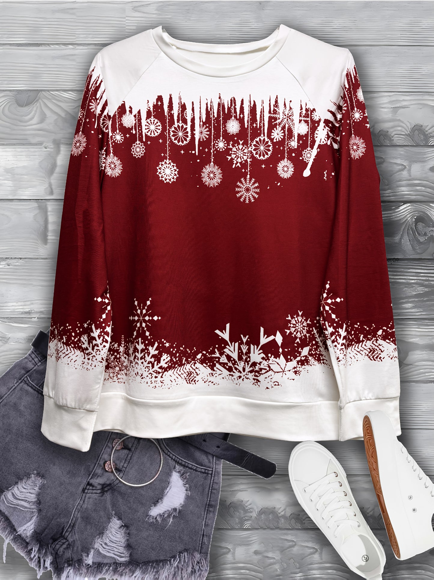 Snowflakes Print Pullover Sweatshirt, Casual Crew Neck for Fall & Winter