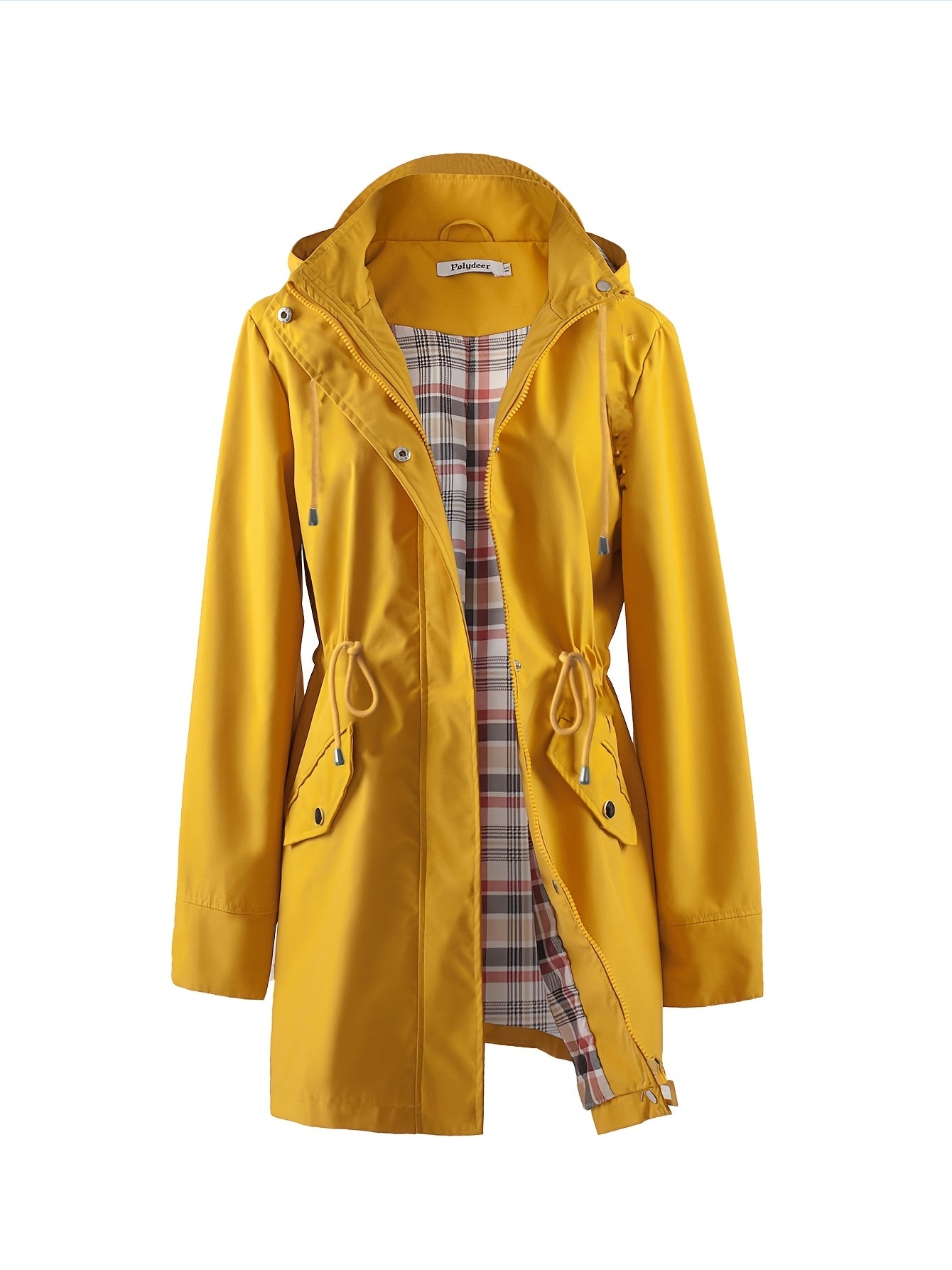 POLYDEER Women's Lightweight Waterproof Raincoat - Elegant Green Hooded Windbreaker with Plaid Lining, Adjustable Waist & 3 Pockets - Breathable, Zip-Up Casual Jacket for All Seasons
