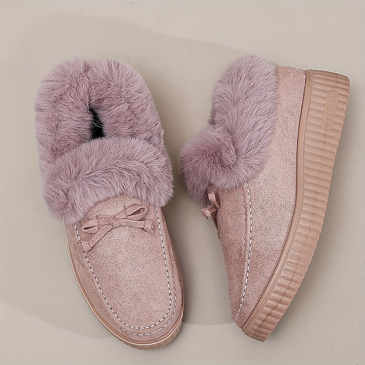 Women's Solid Color Boots, Bowknot Decor Round Toe Non-slip Soft Thick Sole Fluffy Velvet Warm Boots, Winter Comfy Shoes