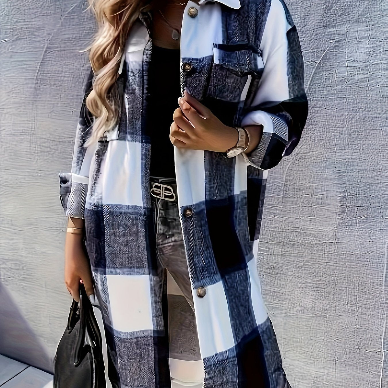 Plaid Print Long Jacket, Casual Button-Front with Flap Pockets.