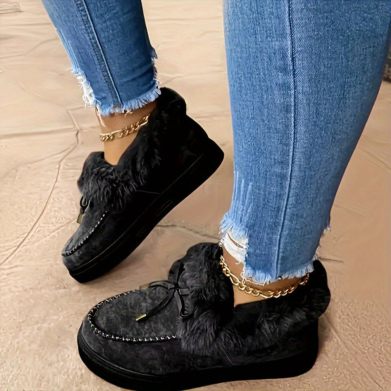 Women'S Winter Ankle Boots, Solid Color, Round Toe, Low Platform Heel, Slip-on, Fabric Upper, Fabric Inner, Fabric Insole, TPR Sole, Plus Size, Warm, Plush, Snow Boots, Ladies Flats for Women