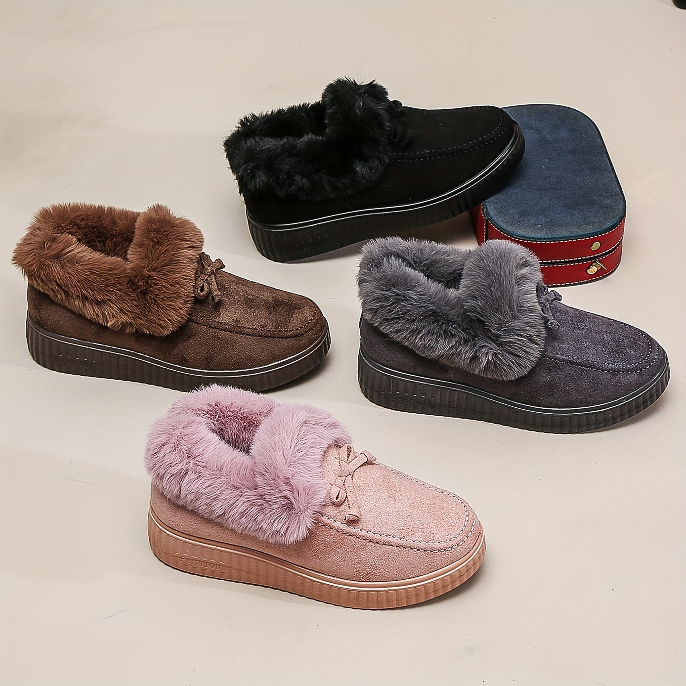 Women's Solid Color Boots, Bowknot Decor Round Toe Non-slip Soft Thick Sole Fluffy Velvet Warm Boots, Winter Comfy Shoes