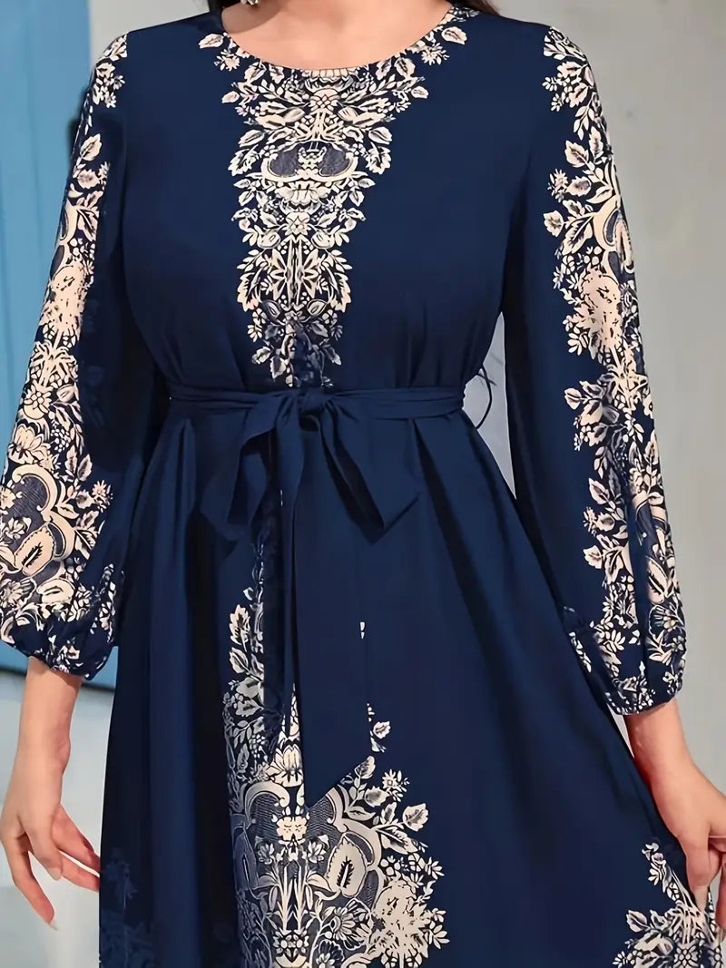 Ramadan Print Kaftan – Elegant Tie-Waist Maxi Dress