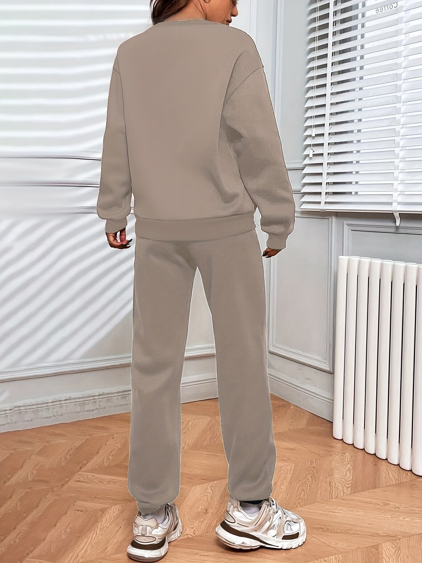 Solid Casual Two-piece Set, Crew Neck Top & Drawstring Jogger Pants