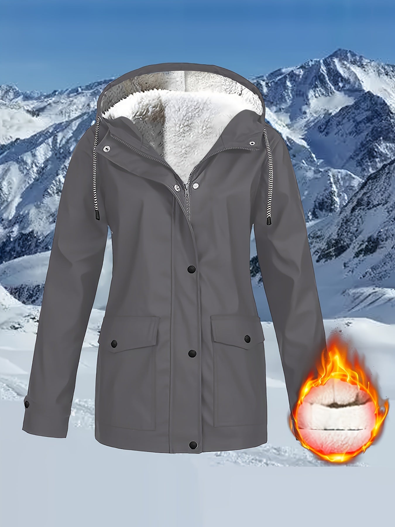 Corta-vento feminino com capuz e forro de lã - Jaqueta impermeável e casual de manga comprida para outono/inverno