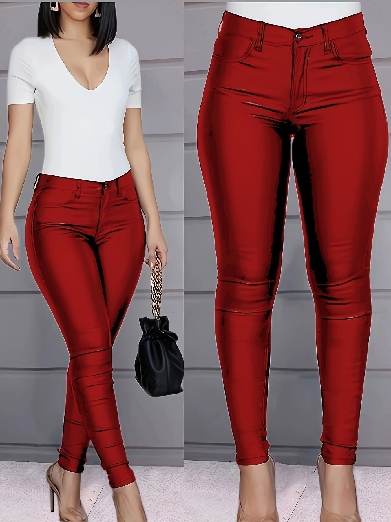 Jeans Skinny Revestido Feminino - Couro Sintético Cintura Alta, Jeans Elástico, Moda Outono