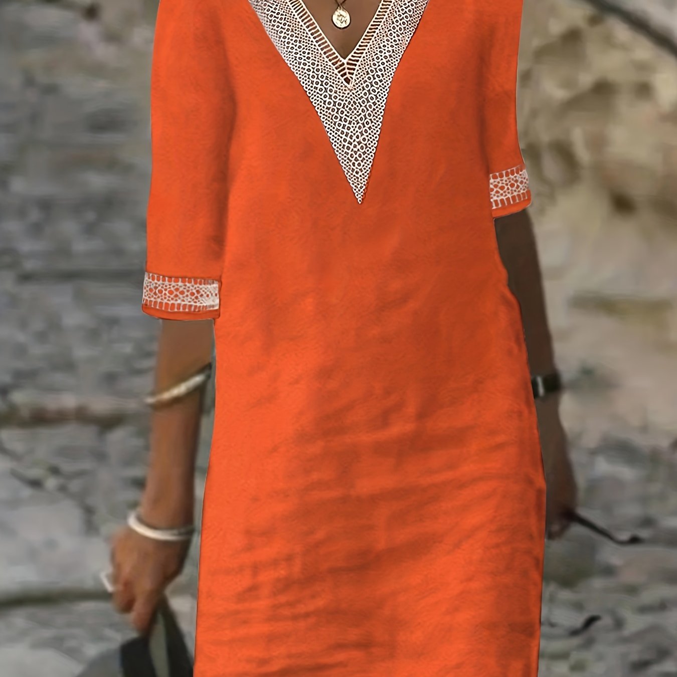Guipure Lace V-Neck Dress, Casual Short Sleeve for Spring & Summer.