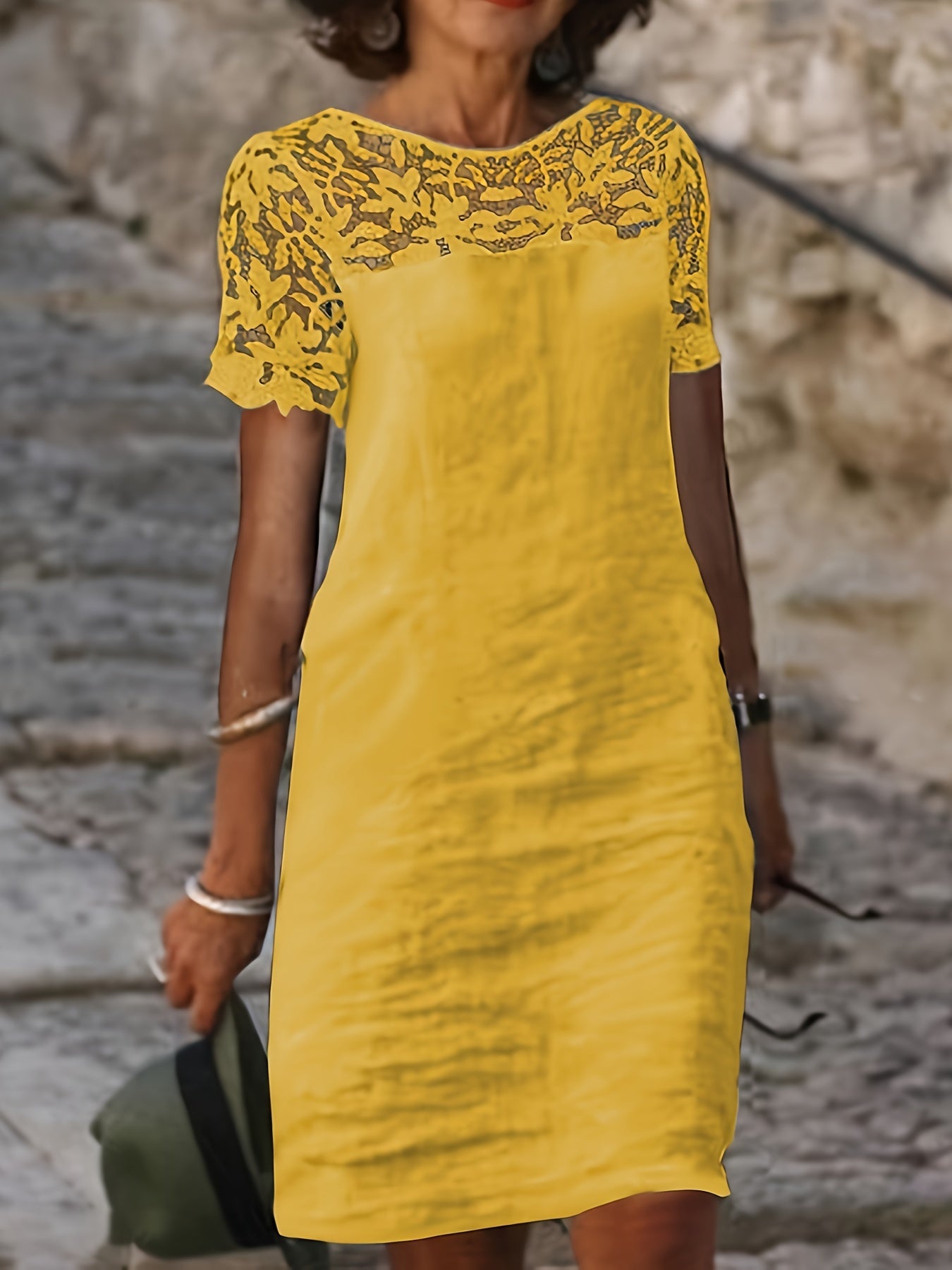 Vestido com renda sólida, manga curta elegante, perfeito para primavera e outono.
