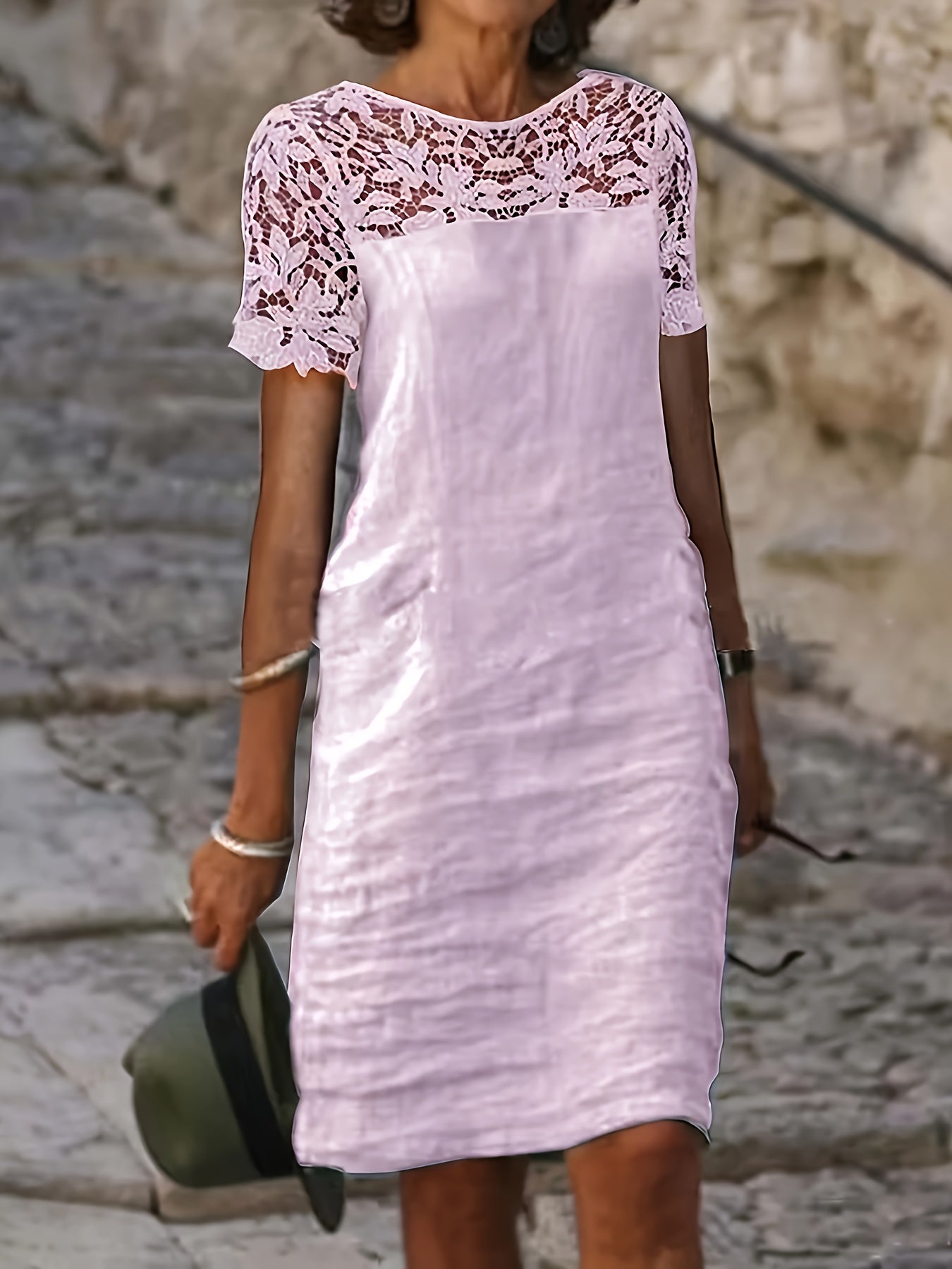 Vestido com renda sólida, manga curta elegante, perfeito para primavera e outono.