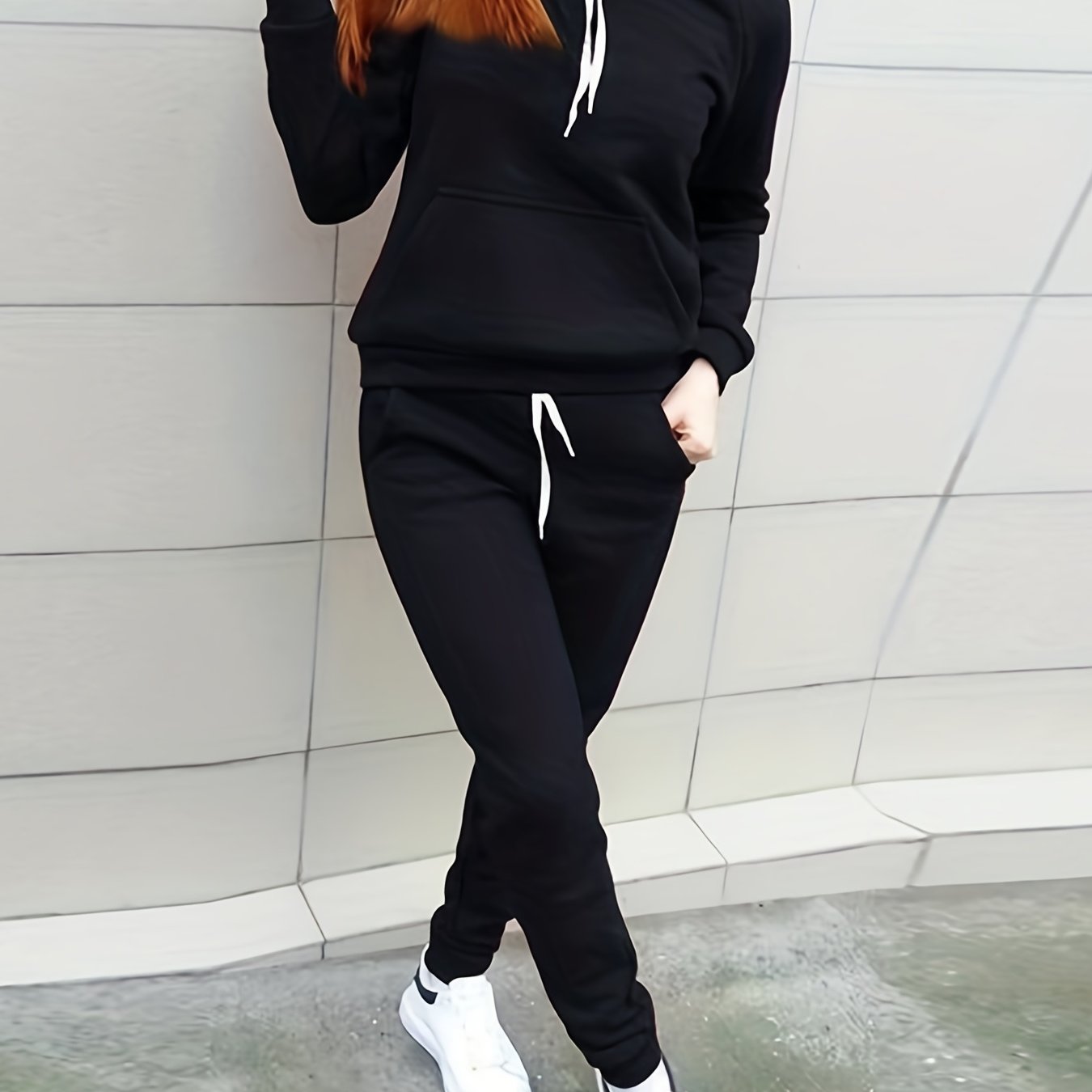 Solid Two-piece Set, Hoodie & Drawstring Pants
