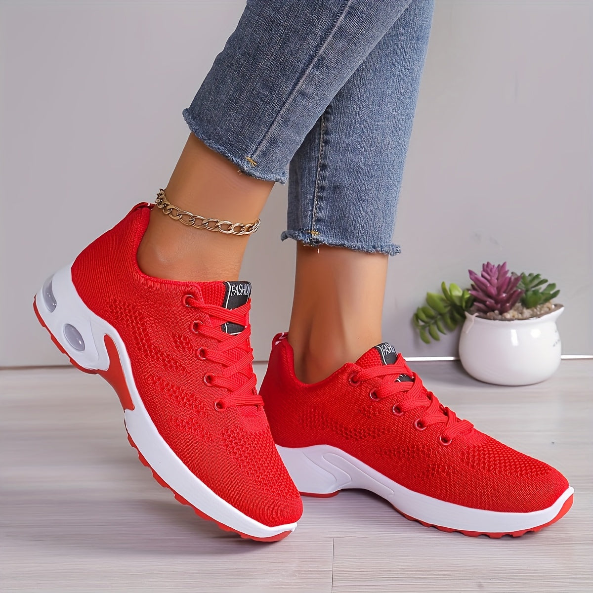 Womens Low-Top Air Cushion Sneakers - Shock Absorbing, Breathable, Comfortable, and Lightweight Fabric Shoes for Outdoor Sports and Daily Wear - All-Season, Lace-Up, Solid Color, and MD Sole