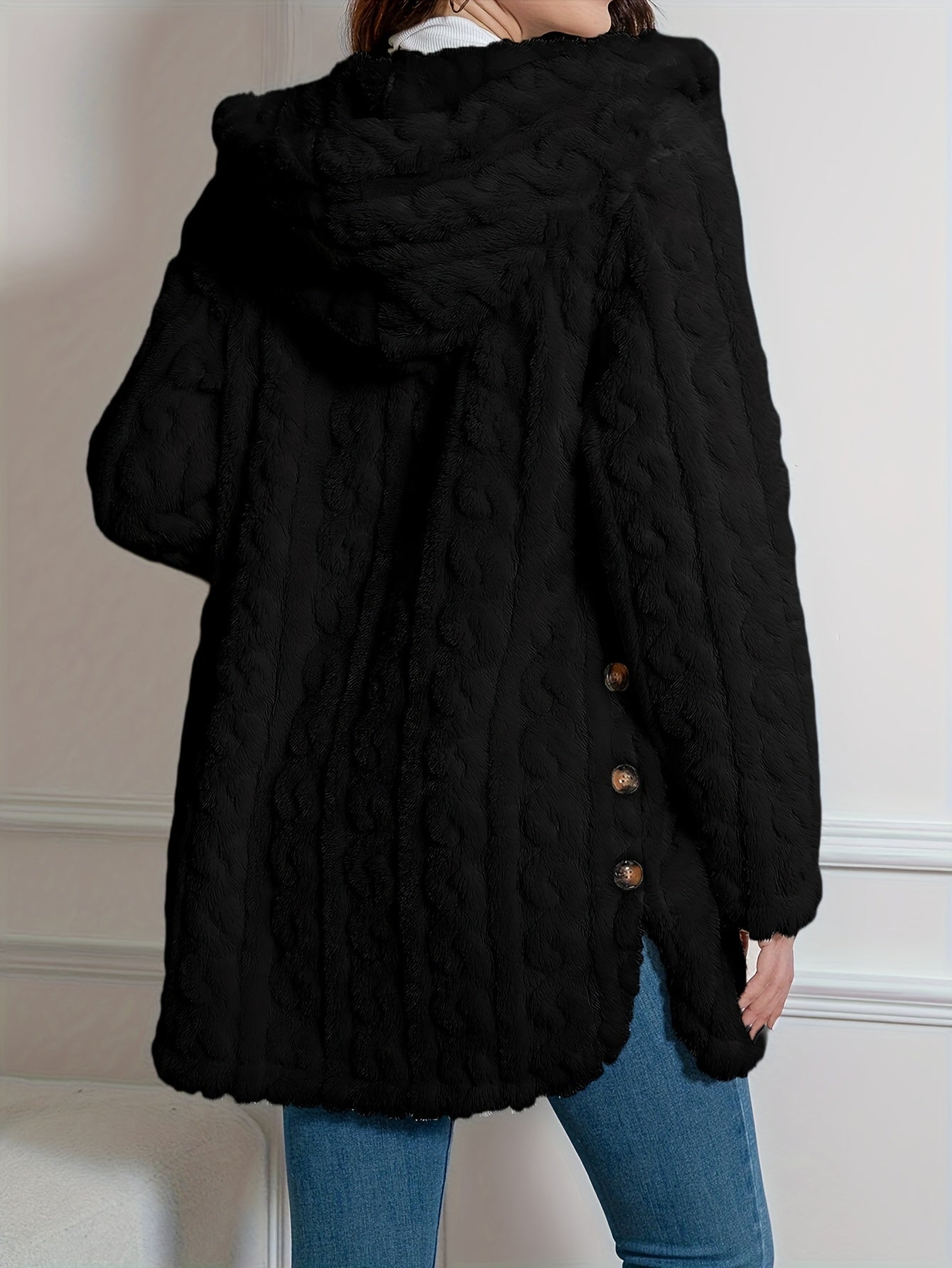 Elegant Knit Fur Coat with Hood & Double Buttons - Spring/Autumn