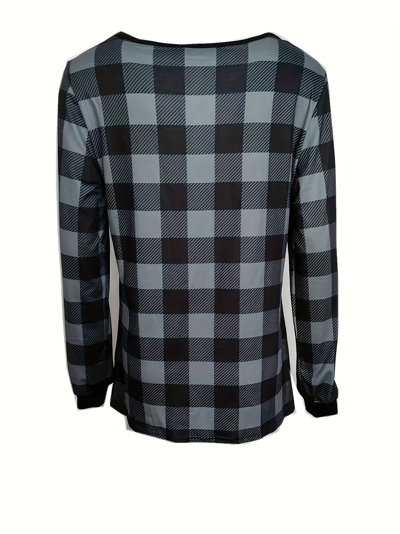 Camiseta xadrez com decote em V para mulheres, estilo boho, mangas compridas.