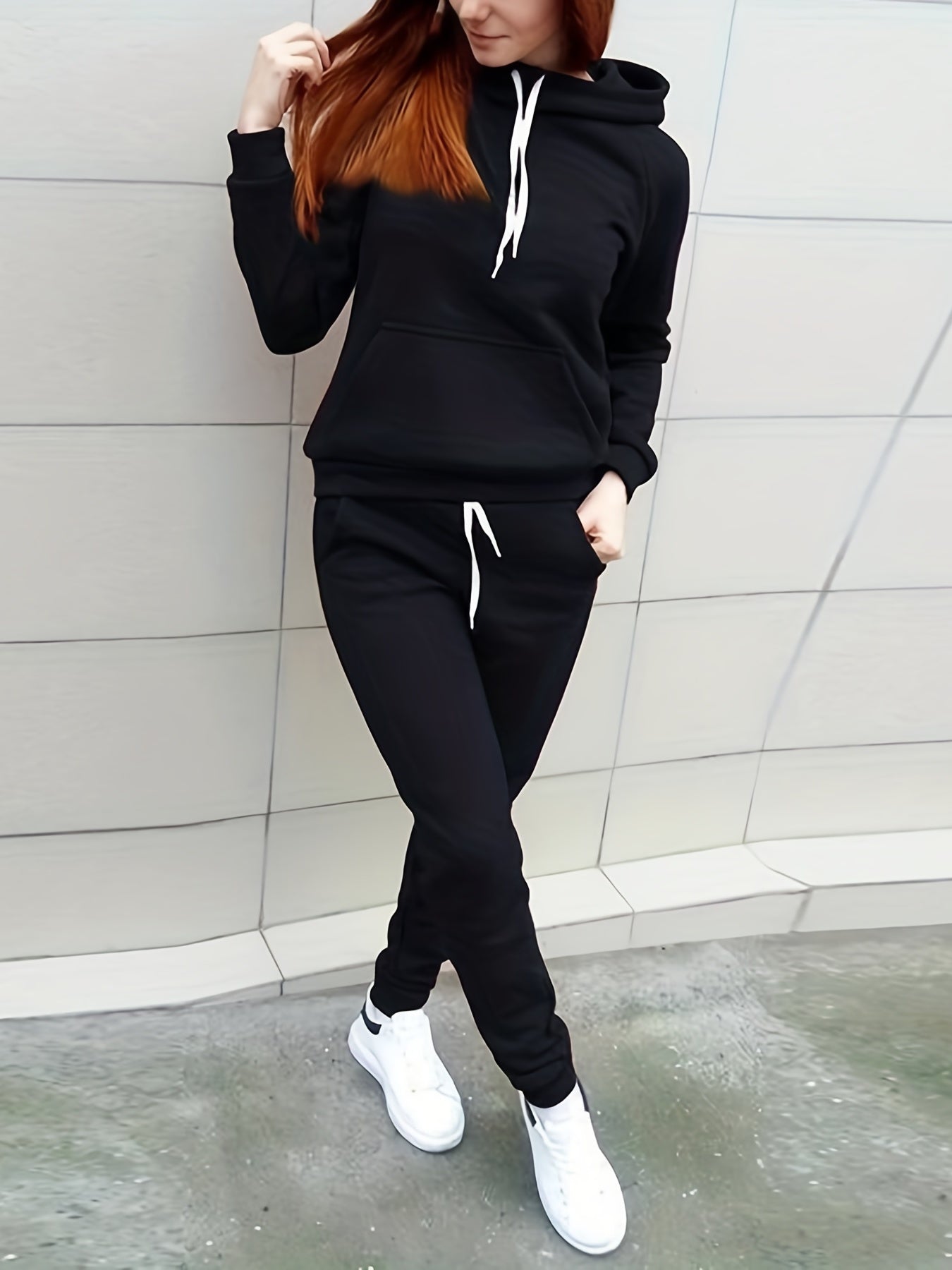 Solid Two-piece Set, Hoodie & Drawstring Pants