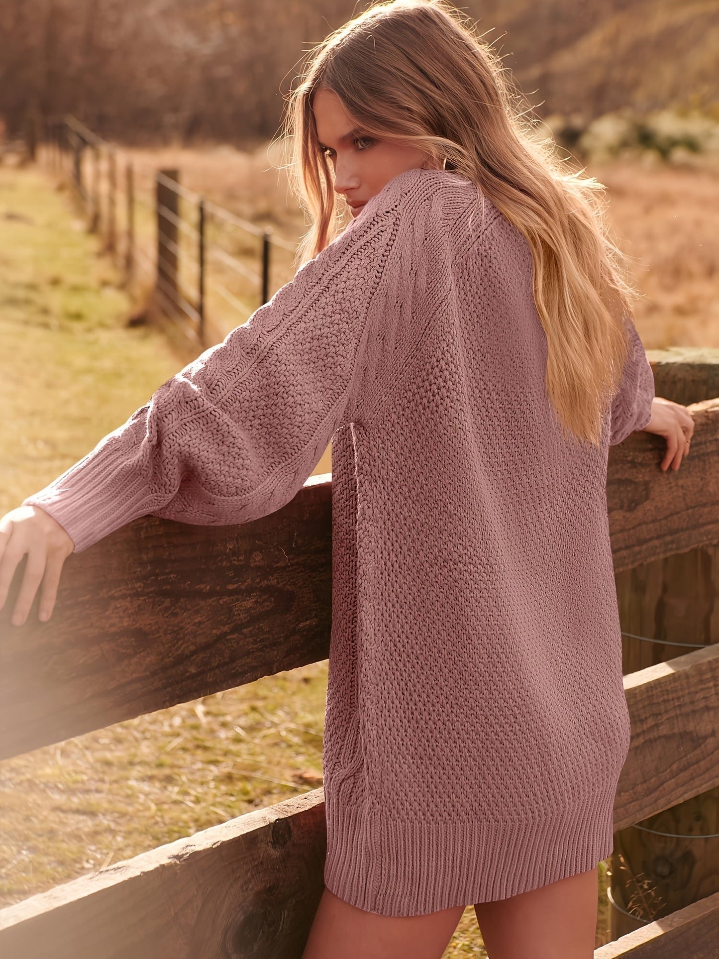 Women's Oversized Twisted Flower Knit Sweater Dress - Long Sleeve, Mini Length