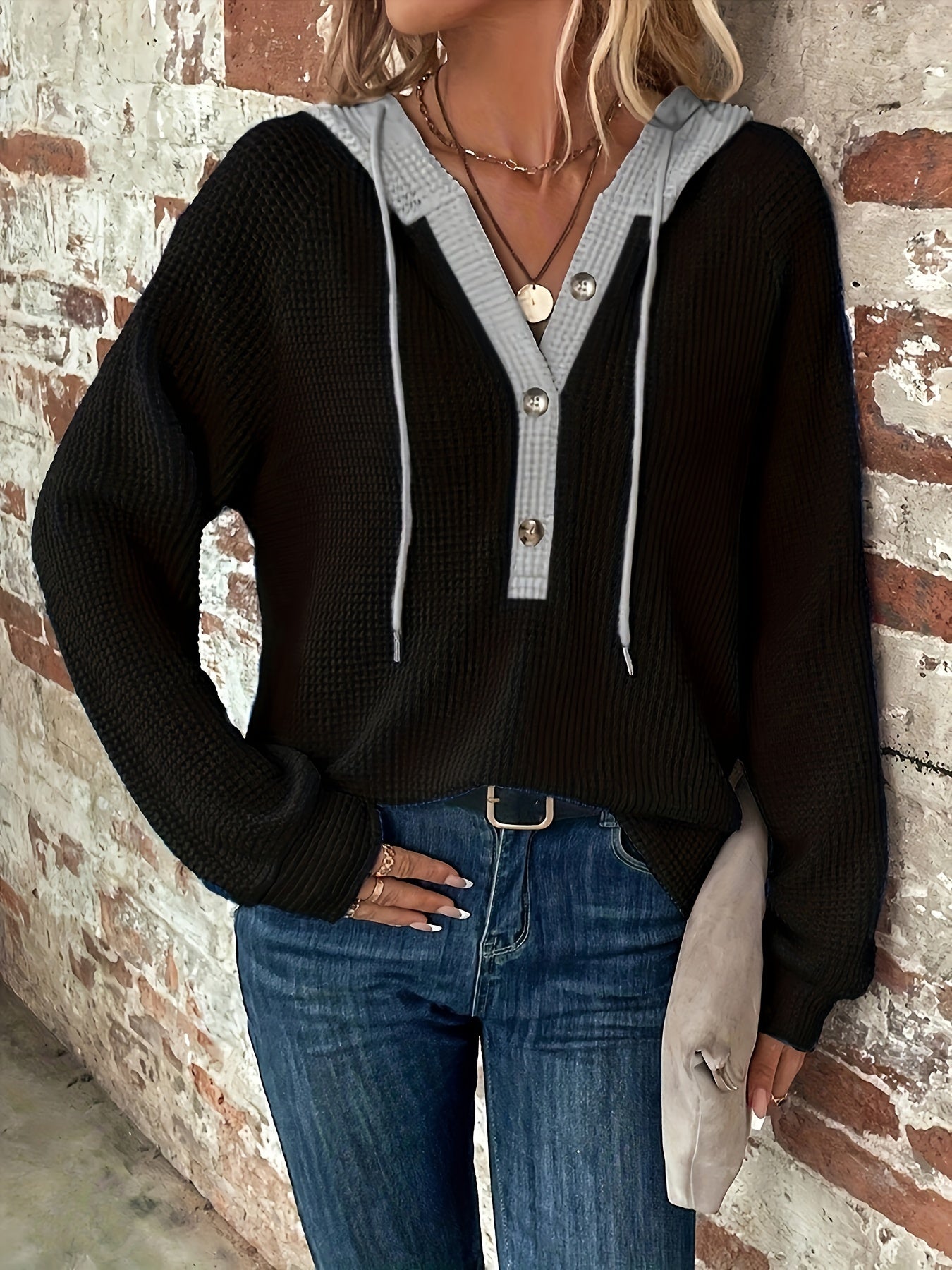 Color Block Hoodie, Button Front, Long Sleeve, Casual Sweatshirt for Women.