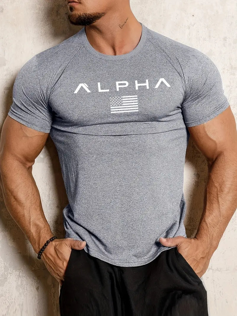 Men's Athletic Crew Neck T-Shirt – Quick-Dry, Alphabet Print, Skinny Fit, Short Sleeve