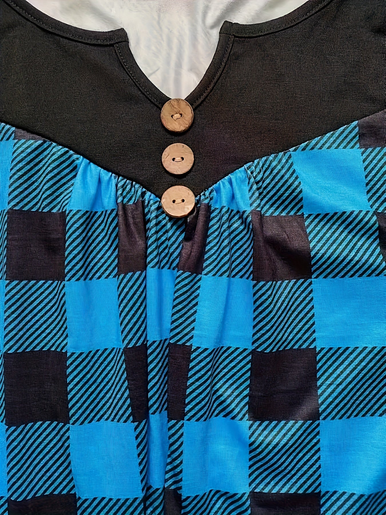 Camiseta xadrez com decote em V para mulheres, estilo boho, mangas compridas.